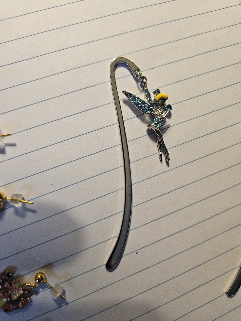 Silver Tinkerbell Bookmark with Blue and Yellow Crystal Accent